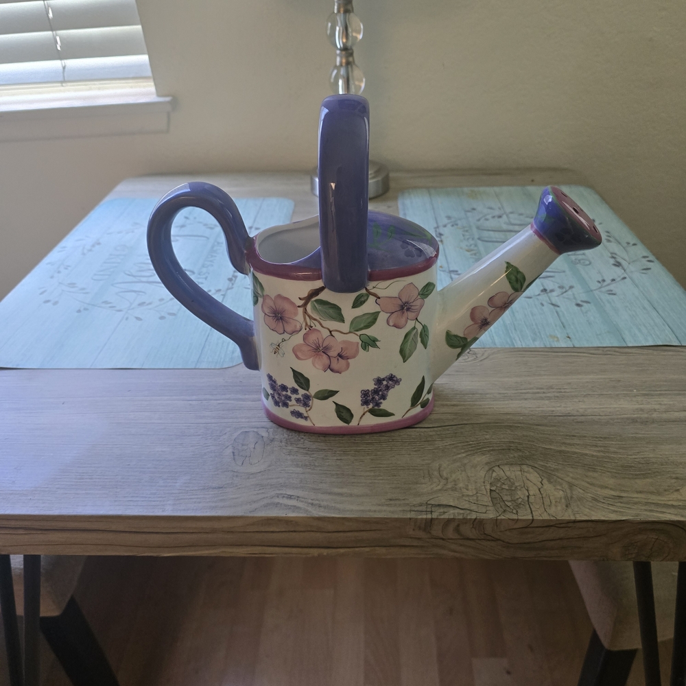 Capriware Ceramic Watering Can Hand Painted Pink & Purple Flowers Collectible